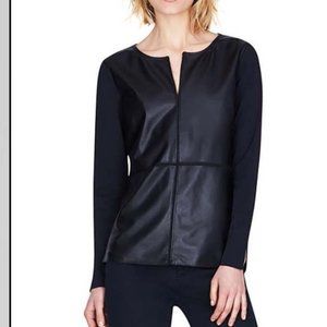 Ecru Lamb Leather Long Sleeve Stretch Mixed Media Top XS